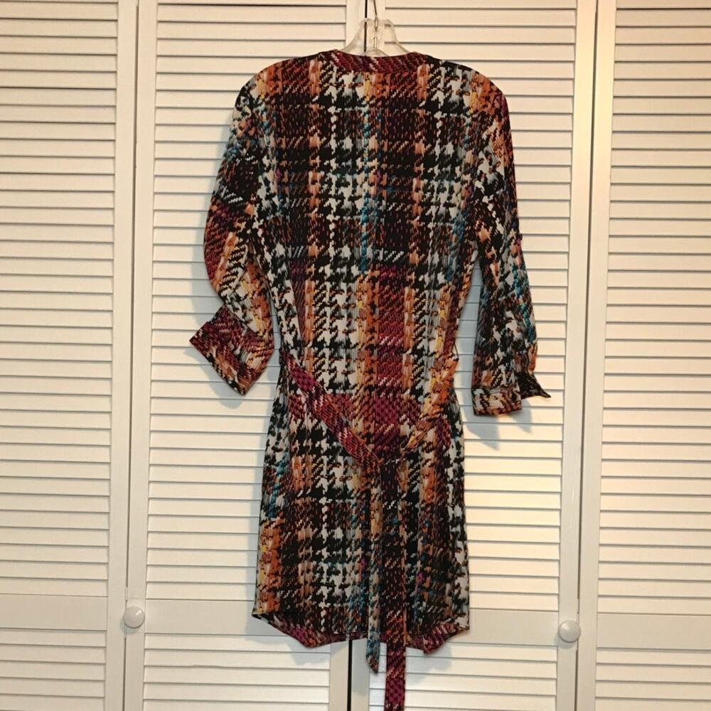 Attention Geometric V-neck Adjustable Sleeves Belted Midi Dress L - Picture 2 of 9